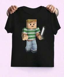 Camiseta casual de manga corta con estampado de píxeles, estilo retro pixelado, ropa versátil para uso diario para hombres, mujeres, niños y adultos. - Negro - Ver 1