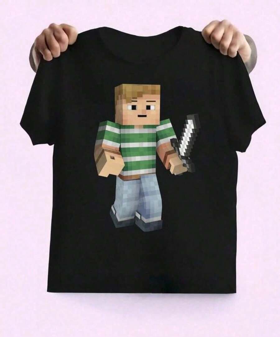Camiseta casual de manga corta con estampado de píxeles, estilo retro pixelado, ropa versátil para uso diario para hombres, mujeres, niños y adultos. - Negro - Ver 1