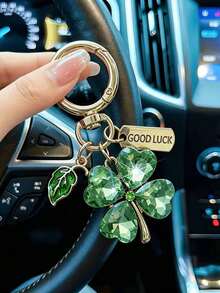 1pc Lucky Four-Leaf Clover Keychain, Sparkling Faux Crystal Four-Leaf Clover Key Ring With "GOOD LUCK" Tag, For Bag And Car Decoration, Perfect Gift For Women - Multicolor - View 3