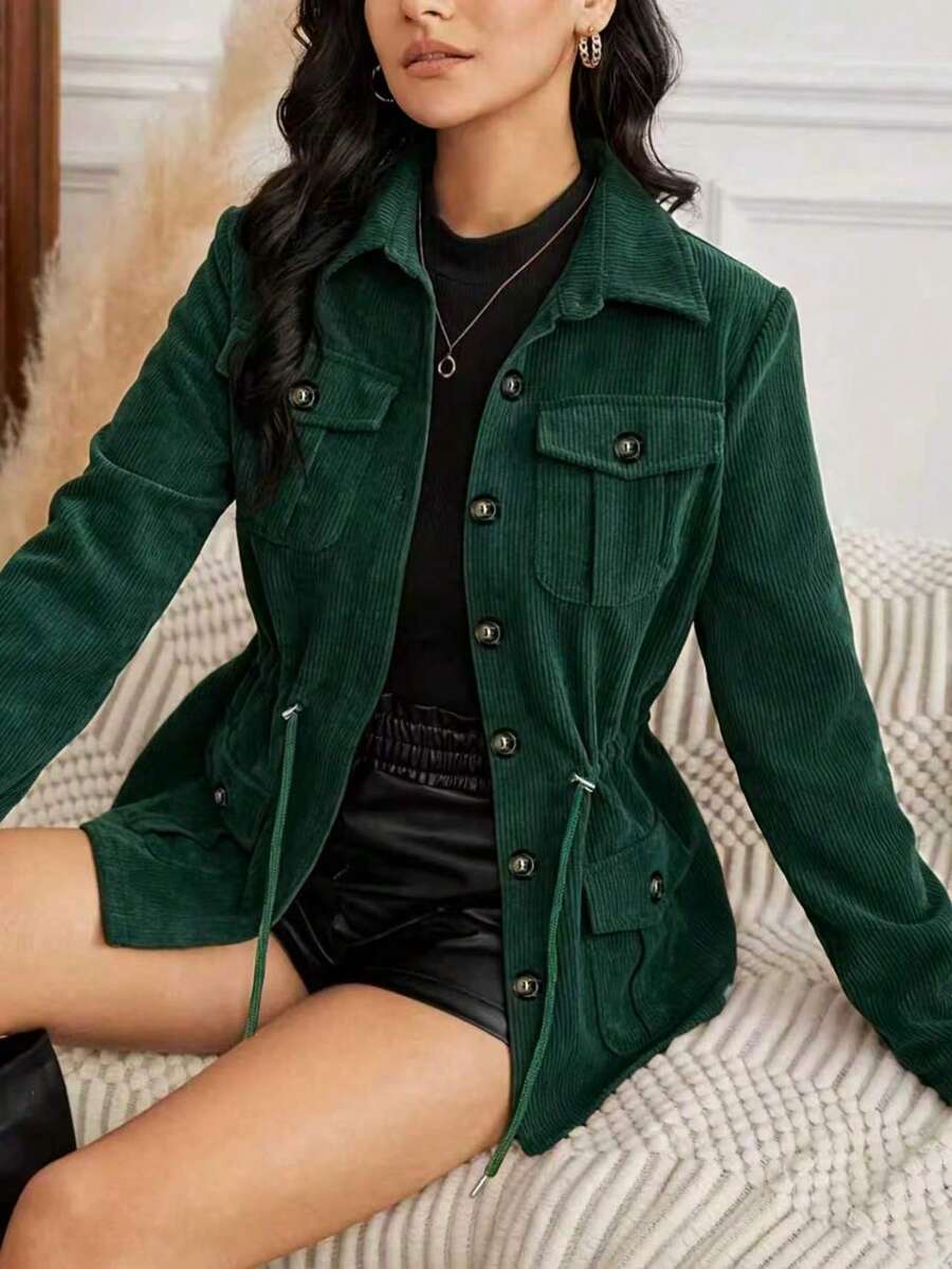 女款燈芯絨襯衫外套,抽繩腰部設計,長袖鈕扣領外套,秋季時尚外套 - 墨綠色 - 查看 1