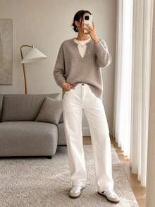Mature Style 2-In-1 V-Neck Knitted Sweater, Loose Fit Soft Cozy Knit Top For Autumn/Winter, Elegant Office Commute Versatile Blouse - Oatmeal Ash - View 4