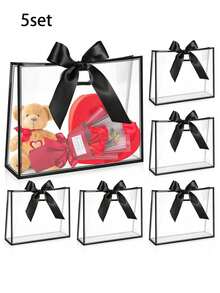 Reusable Transparent Plastic Gift Bags With Hollow Handles, Suitable For Mother's Day, Wedding, Graduation, Bridal Shower, Baby Shower, Decorated With Ribbons - Black - View 9