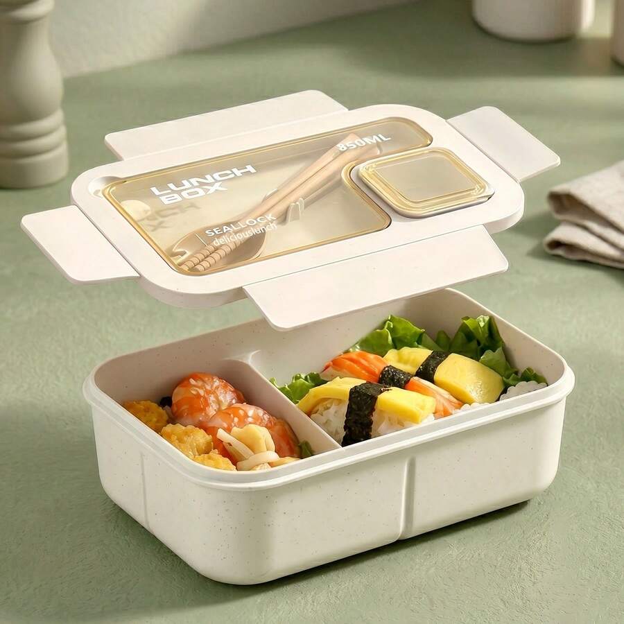 1 pieza Caja Bento - Beige - Con utensilios, Caja de almuerzo para adultos apta para microondas, Contenedor de almacenamiento de alimentos dividido, Bolsa de almuerzo bento aislada, Caja de almuerzo de gran capacidad, Caja bento de almuerzo a prueba de fugas - Multicolor - Ver 1