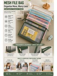 Thickened Nylon Mesh Document Bag, Hot-Selling A4 Double-Layer Large Capacity File Storage Bag, Transparent Visible Zipper Document Pouch, Student Exam Paper Bag, Textbook & Homework Organizer Bag, Office Document & Archive Classification Bag, Waterproof Wear-Resistant Portable Handheld Zipper File Bag - Multicolor - View 1
