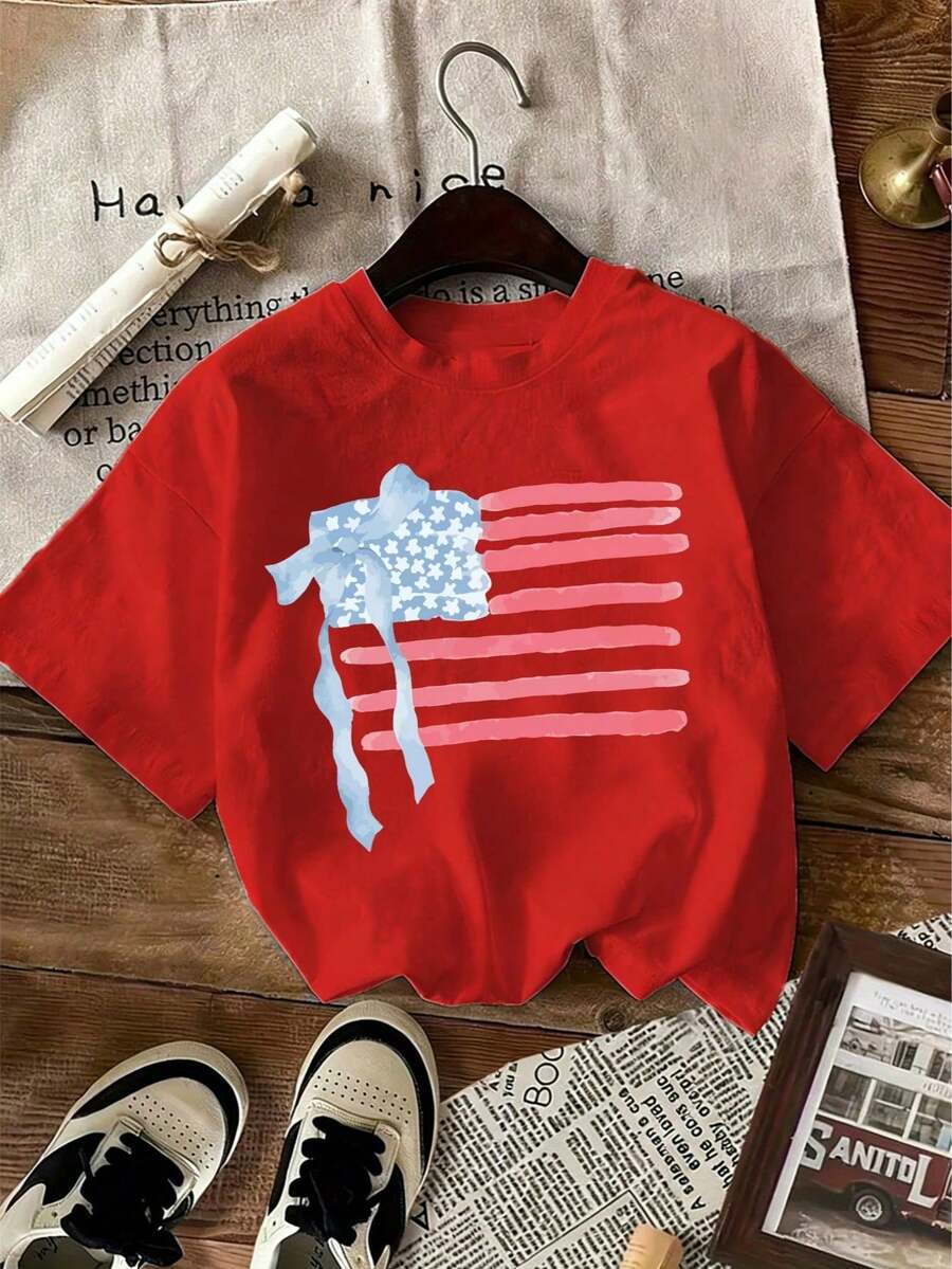 1 Pack Of Girls' Casual Printed Round Neck Short Sleeve T-Shirts, Summer Clothes For Young Students - Merah - View 1