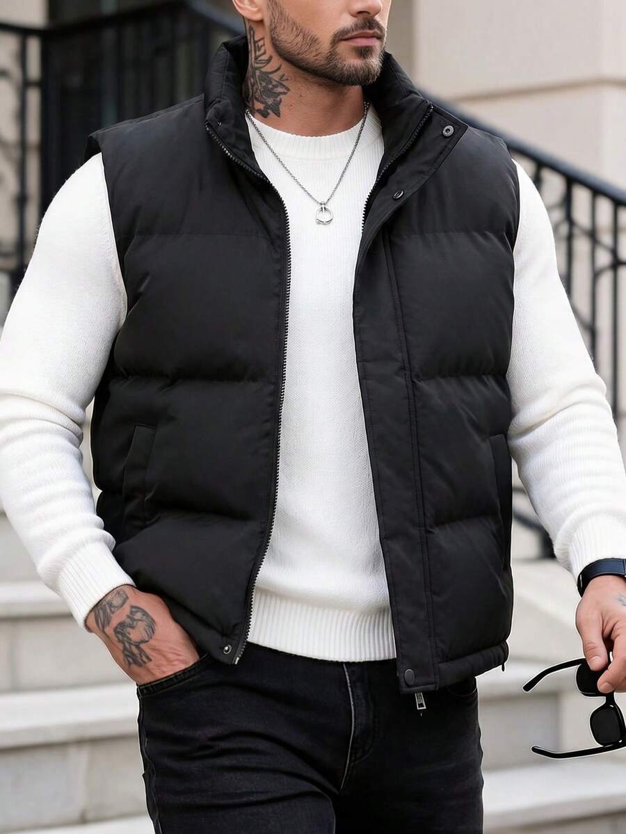 Men's Solid Color Casual Padded Vest Jacket, For Fall Winter - Black - View 1
