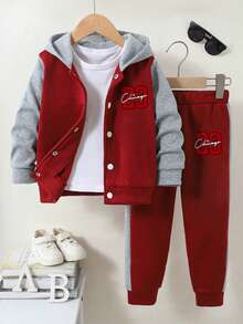 Young Boy Drawstring Hooded Single-Breasted Number Pattern Long Sleeve Sweatshirt And Sweatpants Casual Daily Outfit - Red - View 1