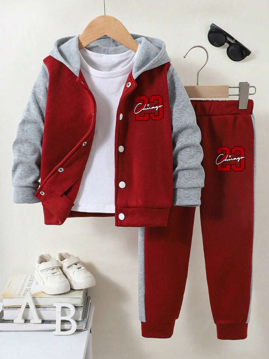Young Boy Drawstring Hooded Single-Breasted Number Pattern Long Sleeve Sweatshirt And Sweatpants Casual Daily Outfit - Red - View 1