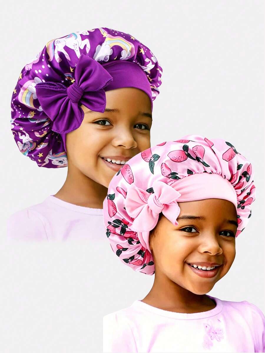 2 piezas Gorros de pelo redondos de satén con cinta elástica estampada para niños, adecuados para uso diario - JDKB-21E Unicornio rosa mango/morado oscuro - Ver 1