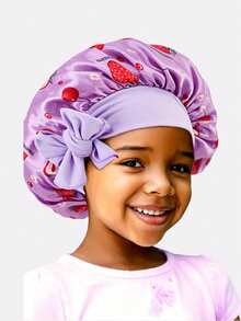 1pc Printed Children's Elastic Ribbon Satin Round Hair Cap, Suitable For Daily Use - Strawberry Purple - View 1