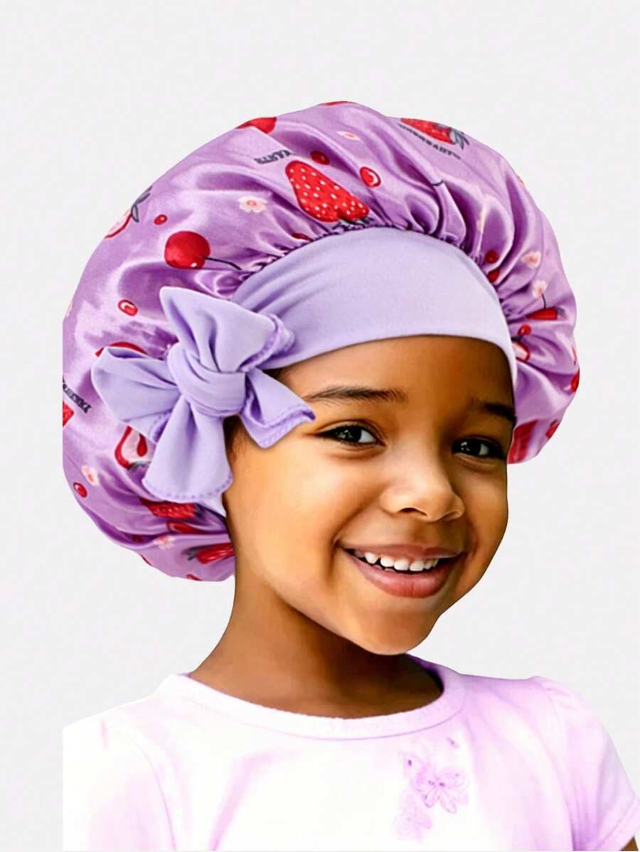 1pc Printed Children's Elastic Ribbon Satin Round Hair Cap, Suitable For Daily Use - Strawberry Purple - View 1
