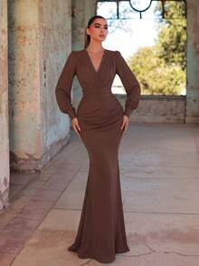 Faeriesty Elegant Chiffon Long Bridesmaid Dress, V-Neck Petal Sleeve Design With Ruffle & Satin Ribbon Wedding - Coffee Brown - View 5