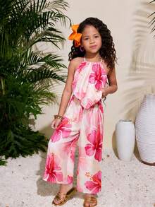 BASUSARRI Young Girls Floral Print Camisole Top And Wide Leg Pants Set, Fashionable And Versatile Casual Holiday Outfit - Pink - View 2