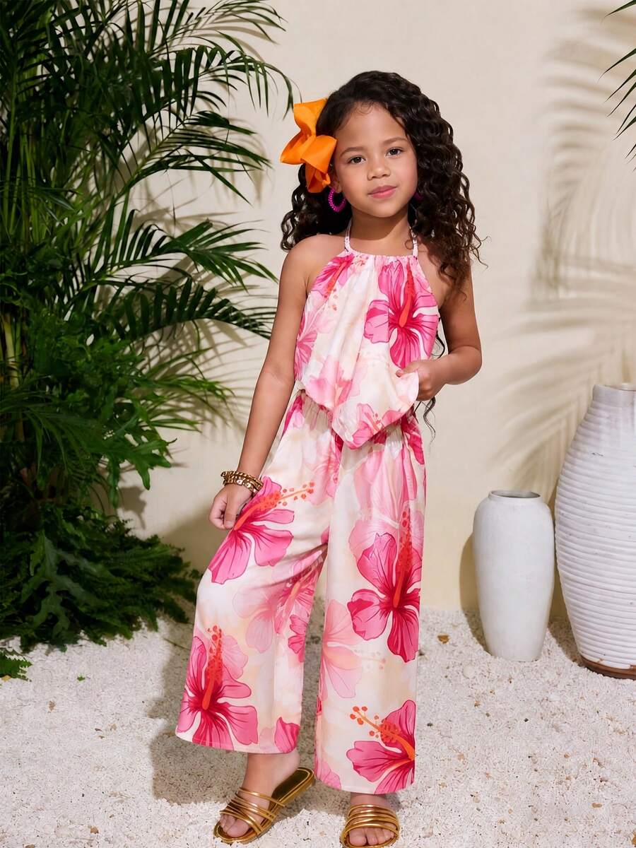 BASUSARRI Young Girls Floral Print Camisole Top And Wide Leg Pants Set, Fashionable And Versatile Casual Holiday Outfit