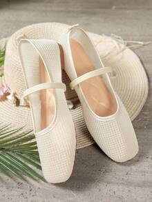 Spring Summer Mesh Breathable Ballet Shoes Square Toe Single Strap Women's Flat Shoes Daily Commute Versatile Slip-On - Beige - View 2