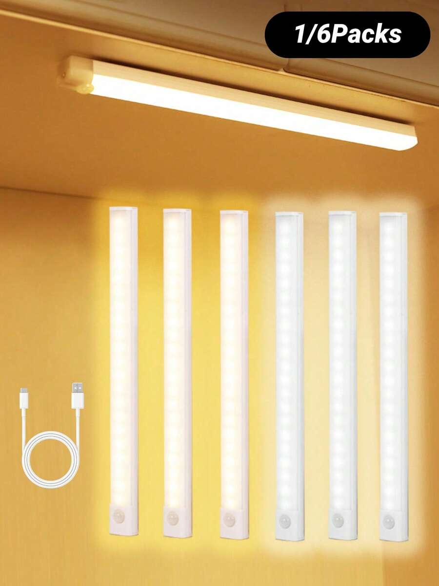 6pcs LED Motion Sensor Cabinet Lights, Wireless Night Lights, Motion Sensor Lights, LED Motion Sensor Lights, Decorative Lights, LED Cabinet Lights, Rechargeable Magnetic Wardrobe Lights, Suitable For Wardrobe, Cabinet, Kitchen, Office Desk, Detachable, USB Powered, 200mAh, 400mAh