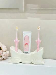 1pc White & Pink Bow Toothbrush Holder, 3-Compartment Independent Storage Rack, Suitable For Bathroom Countertop, Multi-Functional Toothbrush & Toothpaste Organizer, Durable And Elegant Home Decor Accessory, Stylish Bathroom Supply - B - View 8
