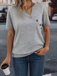 Plus Size Women Casual Solid Color Loose V-Neck Short Sleeve Button T-Shirt Summer - Grey - View 1
