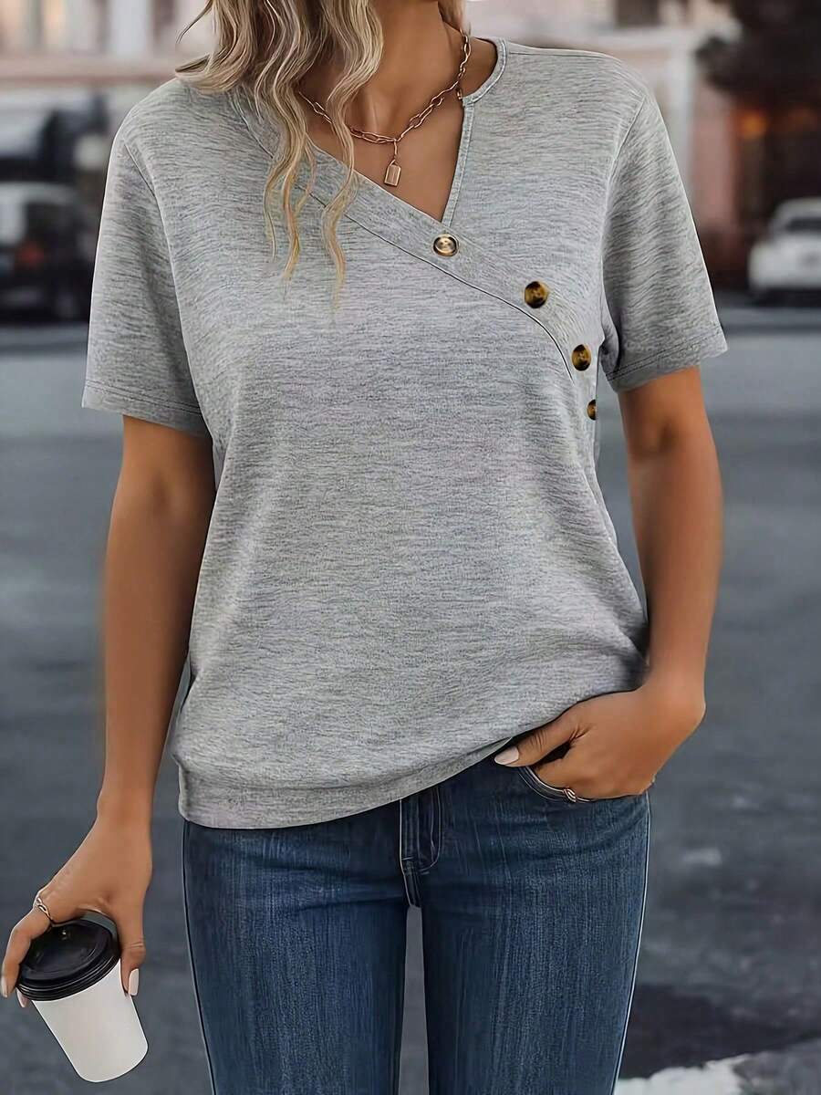 Plus Size Women Casual Solid Color Loose V-Neck Short Sleeve Button T-Shirt Summer - Grey - View 1