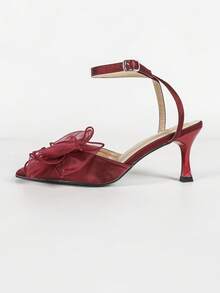 Elegant Red Mesh Bow Pointed Toe Stiletto Heel Sandals For Women, Single Strap Backless High Heels, Versatile Pumps For Commuting And Dating - Red - View 10