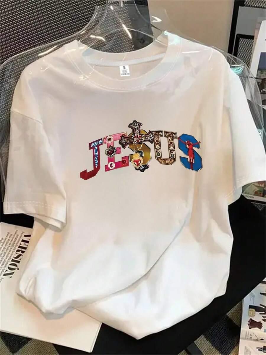 Camiseta de mujer con estampado de Jesús, manga corta, ideal para primavera/verano. El regalo perfecto para estas fiestas. - Blanco - Ver 1