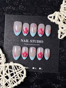 10pcs Summer Handmade Press-On Nails, Short Almond Shape, Nude Coffee Base With Milky Blue French Tips, Hand-Painted Pink Gradient Flowers And Polka Dots, Gold Bead Accents, Fresh Sweet Style, Versatile Design, Includes Manicure Tool Set, Quick Application And Removal - Baby Blue - View 2