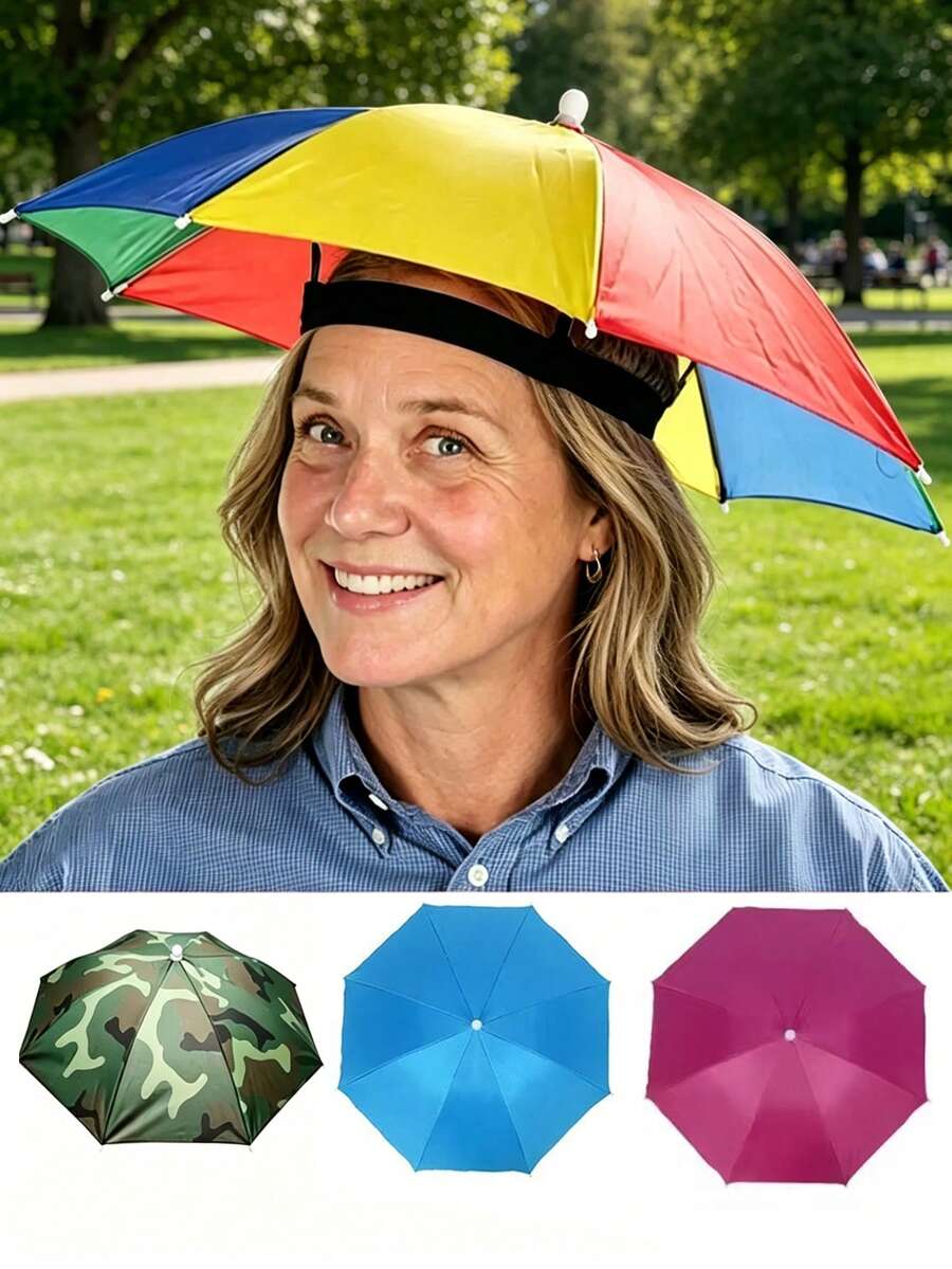 1 Peça Guarda-chuva de Cabeça para Camping e Pesca com Proteção Solar e Impermeável, Guarda-chuva Solar Ajustável para Uso Externo, Chapéu Guarda-chuva Dobrável Montado na Cabeça, Chapéu Guarda-chuva Colorido | Proteção Solar de Alta Qualidade e à Prova de Chuva, Adequado para Caminhada, Camping, Ciclismo, Praia e Deslocamento | Acessório Externo Leve e Portátil, Cores Vibrantes, Equipamento de Cabeça à Prova de Vento e Chuva | Equipamento de Chuva na Moda | Dispositivo de Cabeça Leve, Temporada de Volta às Aulas, Presente para Mulheres, Presente para Homens, Presente para Mãe, Presente para Pai - Multicolorido - Visão 1