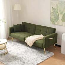 Sofa Bed With Adjustable Incline, Gold Legs, Cushions And Side Storage Pockets - 軍綠色 - 查看 2