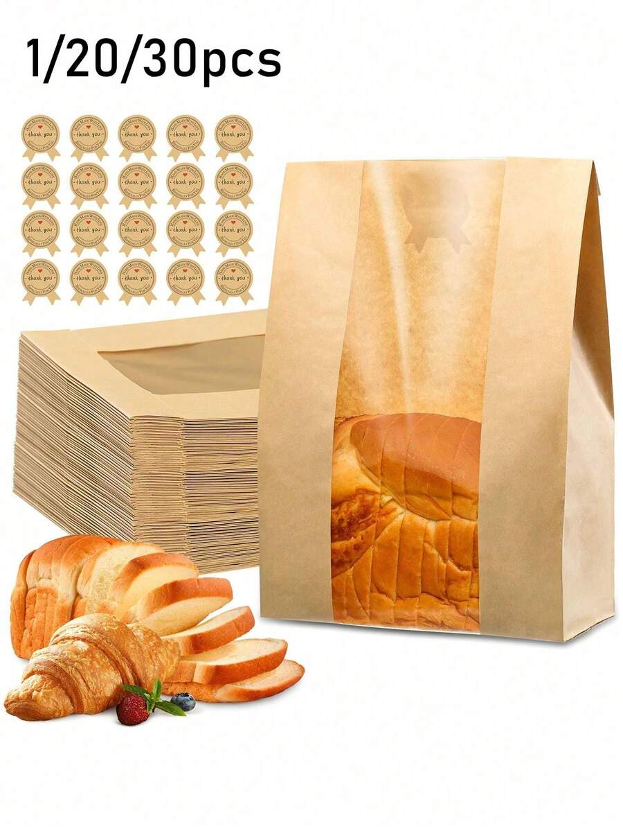 1/20/30pcs Home-Made Bread Bags, Sourdough Paper Bags With Window, Large Baking Bags For Storing Cookies And Snacks, With Cute Sealing Stickers - Multicolor - View 1