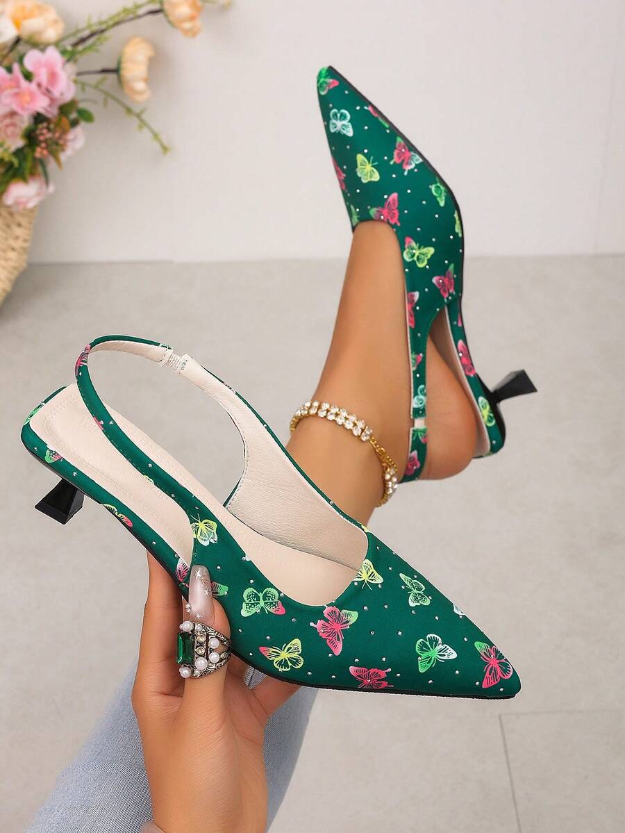 Spring/Summer Women's High Heel Shoes With Back Strap, Low Kitten Heel, Green Random Butterfly Print, Pointed Toe, Low Vamp, Rhinestone Embellished Sandals, Comfortable Stiletto Heel, Open Back, Versatile For Wedding, Banquet, Commute - Green - View 1