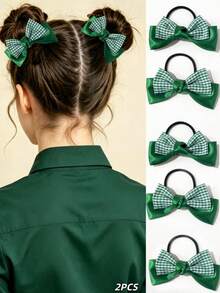 2pcs Fashionable Versatile Delicate Princess Style Hair Accessories/Hair Ties, Double-Layer Glossy Bow Design Hair Ties, Essential For Daily Hairstyles And Braiding - Green - View 1