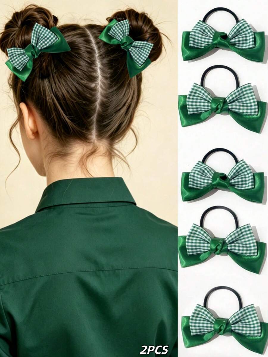2pcs Fashionable Versatile Delicate Princess Style Hair Accessories/Hair Ties, Double-Layer Glossy Bow Design Hair Ties, Essential For Daily Hairstyles And Braiding - Green - View 1