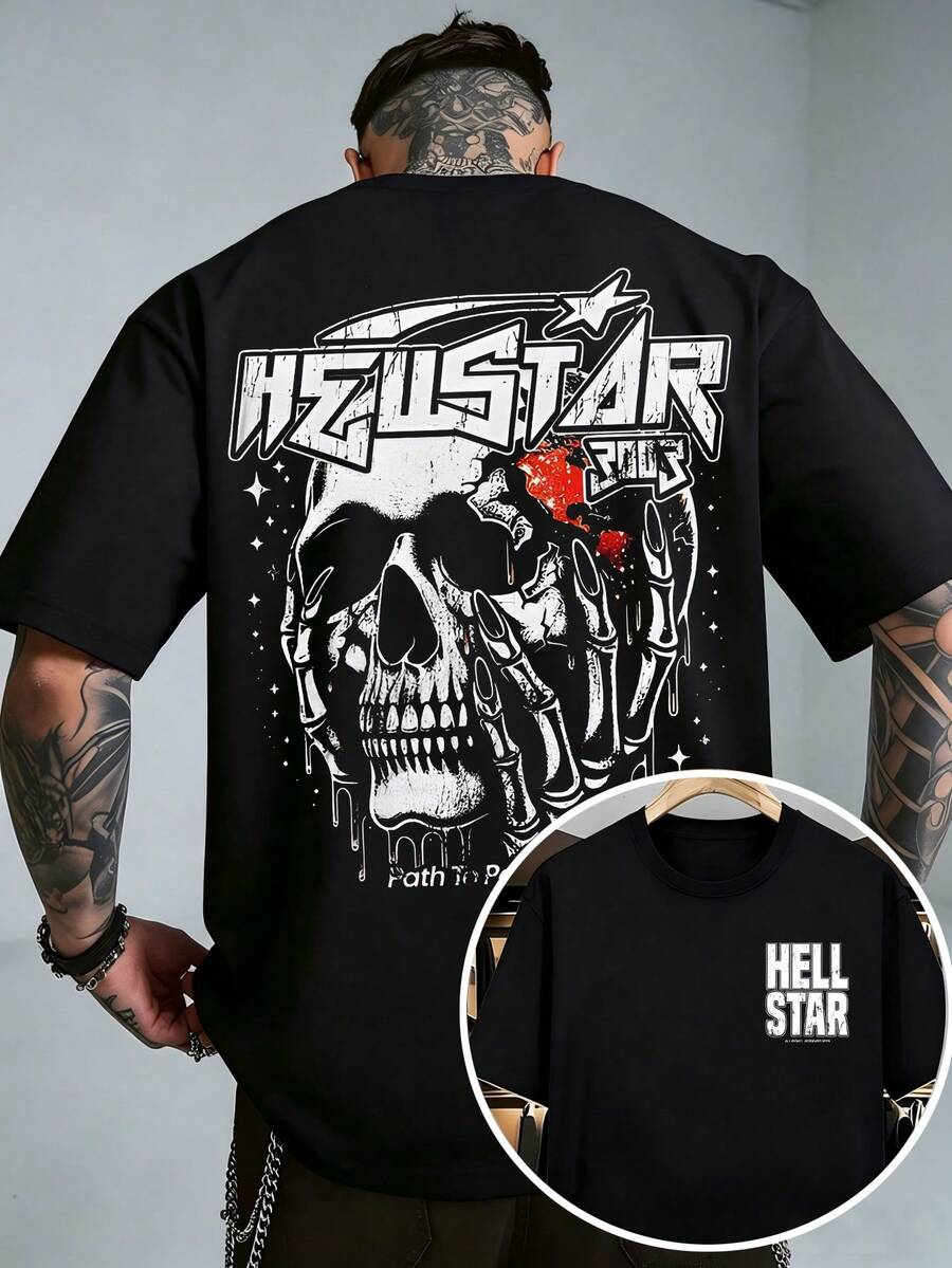 Men's Hellstars "Path To Paradise" Skull Graphic Oversized Cotton Short Sleeve T-Shirt - Black - View 1