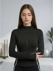 CZJ Chaqueta deportiva entallada para mujer con franjas en contraste, cuello alto con cremallera, manga larga, tela elástica de secado rápido, ideal para entrenamiento diario - Negro - Ver 4