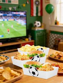 10pcs/30pcs/50pcs Soccer-Themed Party Food Trays: Disposable Paper Serving Trays And Black-And-White Soccer-Patterned Boat Boxes Ideal Paper Food Trays For Sports-Themed Parties, Birthday Party Condiment Stations, And Carnival Events. - View 4