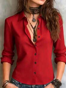 Camisa de manga larga de unicolor para mujer, con diseño de cuello para mostrar un aspecto profesional y capaz, hecha de tela cómoda. - Rojo - Ver 13