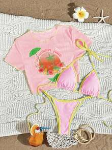 Conjunto de bikini de triángulo estampado para mujer con chaleco de malla, traje de baño casual y sexy para playa, vacaciones y verano 2026 - Multicolor 2 - Ver 1