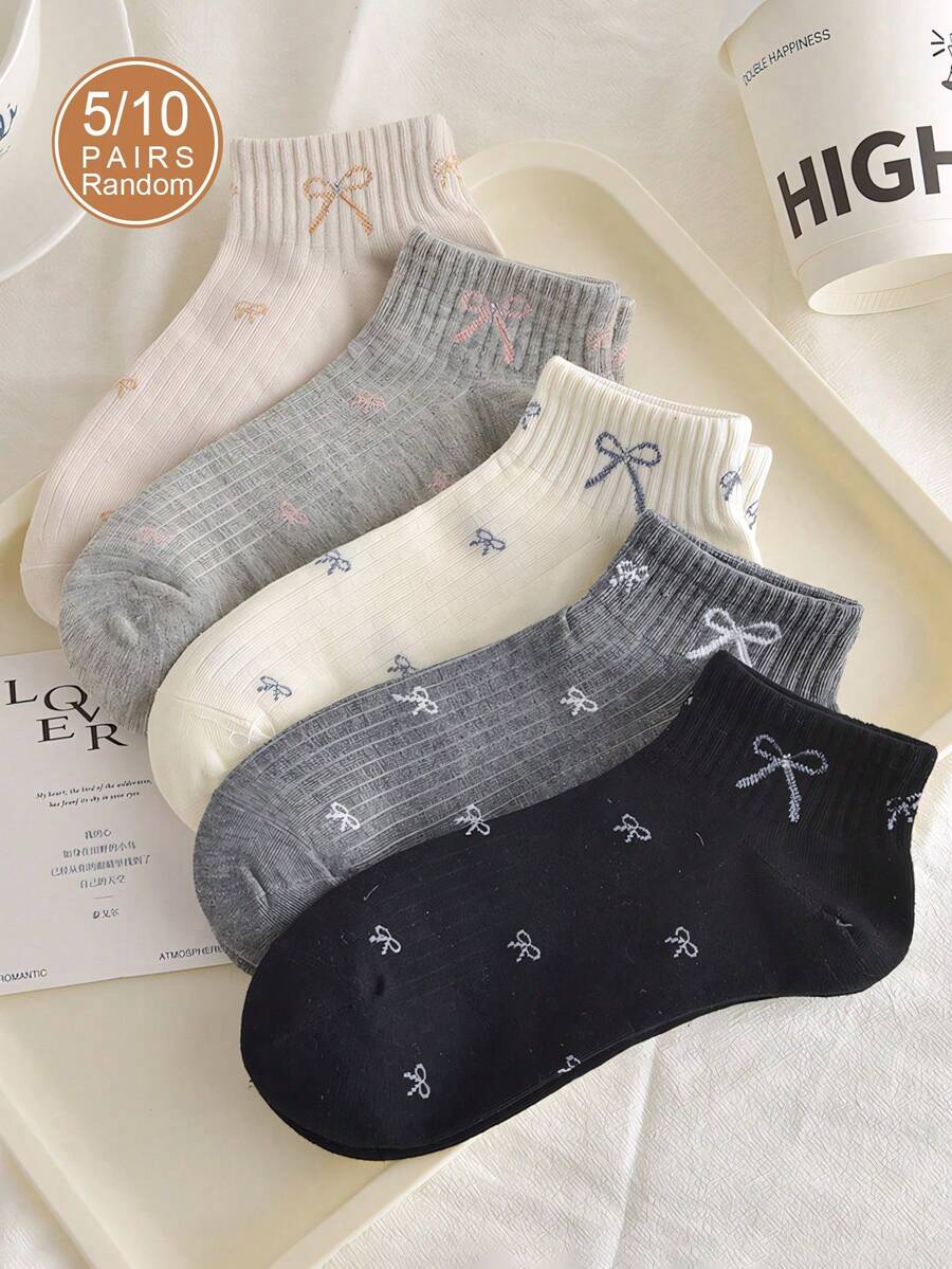 5/10 Pairs Women's Random Assorted Bow Pattern Low-Cut Socks, Fashionable & Versatile, Simple & Comfortable, Soft & Breathable, Suitable For Daily Use - Multicolor - View 1