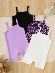 4pcs Baby Girls' Cute Rompers - Letter, Bow, Leopard Print And Solid Color, Soft Knit Fabric, Ideal For Spring/Summer Casual Wear, Baby Girls Rompers - Purple - View 2