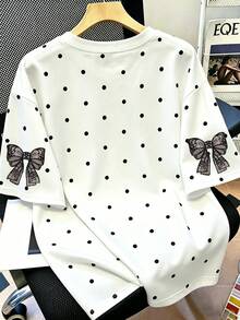 Plus Size Women's Summer Faux Lace Bowknot Polka Dot Print T-Shirt - White - View 2