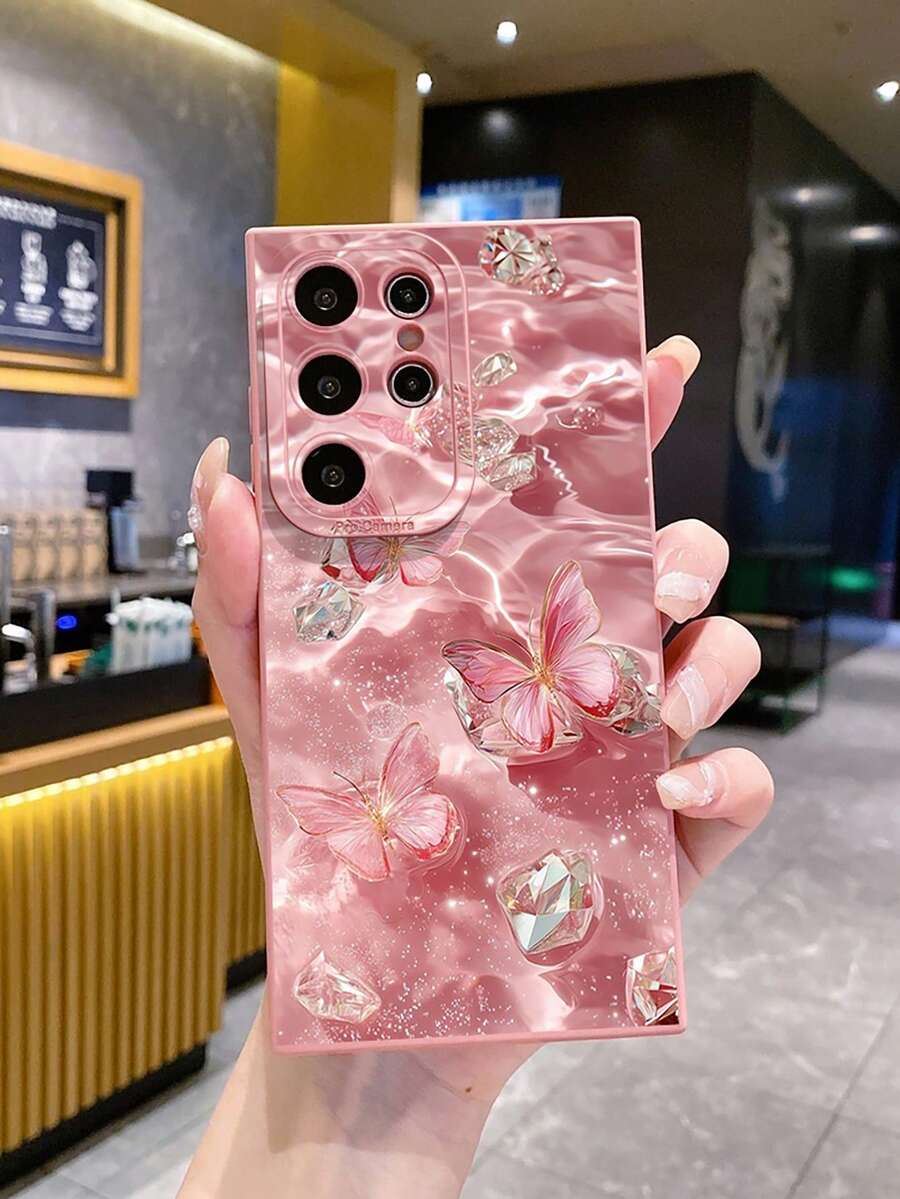1個 水晶波浪蝴蝶霧面相機防摔手機殼 UV印刷 適用於 /Galaxy/Android 機型 - 粉色 - 查看 1
