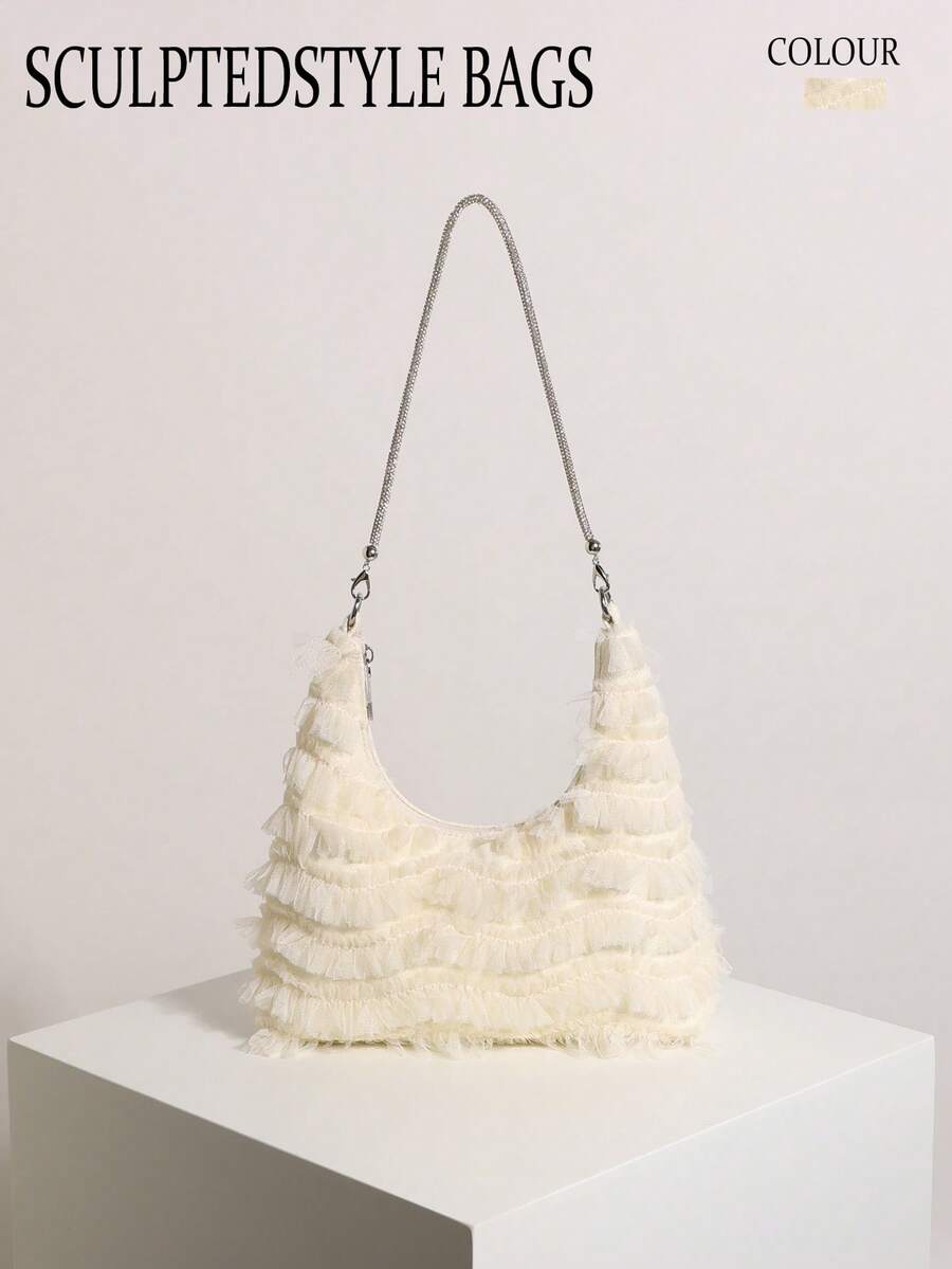 Bolso de hombro tipo hobo con minifalda de malla beige con borlas y brillantes de strass para mujeres, adecuado para vacaciones y compras (patrón floral aleatorio) - Beis - Ver 1