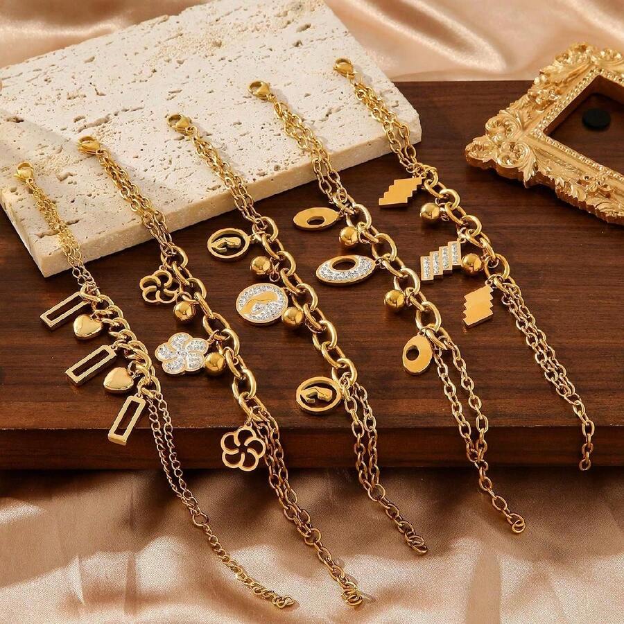 1pc Fashion Stainless Steel Geometric Decor Layered Chain Bracelet For Women For Daily Decoration