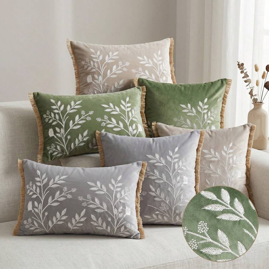Französischer Landhausstil Vogel-Stickerei Kissenbezug, Vintage Botanik Blumen Kissenbezug mit Quastenbesatz, Shabby Chic Salbeigrün & Beige Heimdekoration, 1 Stück - Anthrazitgrau - Übersicht 1