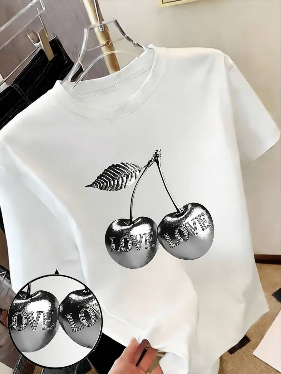 Women's Casual T-Shirt, Chic Cherry Print T-Shirt - Y2K Style, Sophisticated, Gift, Casual Round Neck Top - Breathable, Lightweight And Comfortable. - 白色 - 查看 1