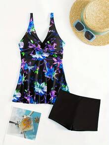 Nuevo modelo 2026:Conjunto Tankini de Mujer Nuevo Estilo Falda Estampado Tropical Moda Sexy Cross Strap Traje de Baño Tankini - Multicolor 2 - Ver 2
