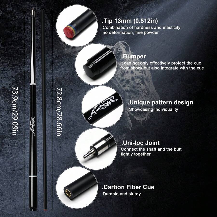 Carbon Fiber Pool Cue Stick, 13mm Tip 1/2 Split Billiard Cue With Leopard Pattern - Black - View 1