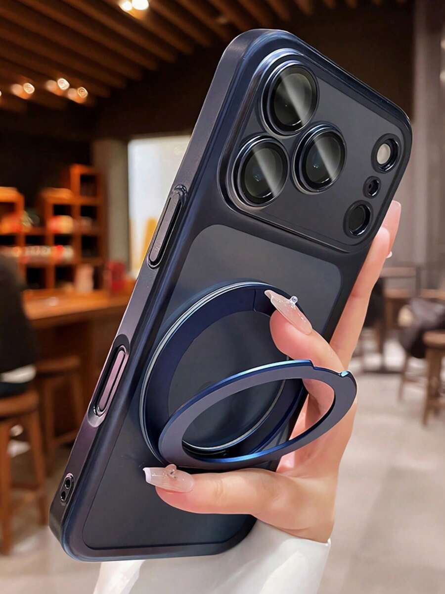 Luxury Matte Electroplated 360 Magnetic Bracket Holder Phone Case Compatible With IPhone 17 ProMax 17Pro 17 16 15 14 13 Pro Max Camera Lens Protector Shockproof Cover - Blue - View 1
