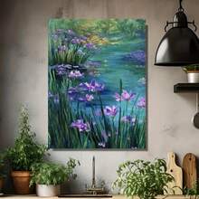 Póster plano 2D, 2D plano, 2D plano de 1 pieza con marco de madera de arte vintage que muestra la pintura al óleo de  de Agapanthus púrpura en el estilo de Claude , perfecto para la decoración del hogar en Navidad y Nochebuena - Enmarcado - Ver 4