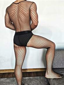 Ohmydear 男士連身魚網連褲襪吊帶內褲 一件式性感內衣情趣內著 - 黑色 - 查看 2